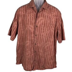 Tommy Bahama Button Shirt Mens L Burgundy Silk Blend Stripes Palms Short sleeve